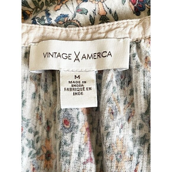 Vintage America Boho Peasant Top Sz M Tan 3/4 Sleeve Embroidered Floral - Picture 7 of 7